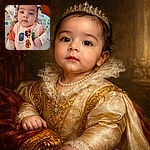 A wide-eyed baby gazes straight at the camera with the solemn intensity of someone who just discovered toes; bundled in a colorful Mickey-and-friends bib, tucked against a leafy-patterned pillow and a fluffy blanket, with warm wooden floor peeking in the background — pure adorableness and soft textures everywhere.