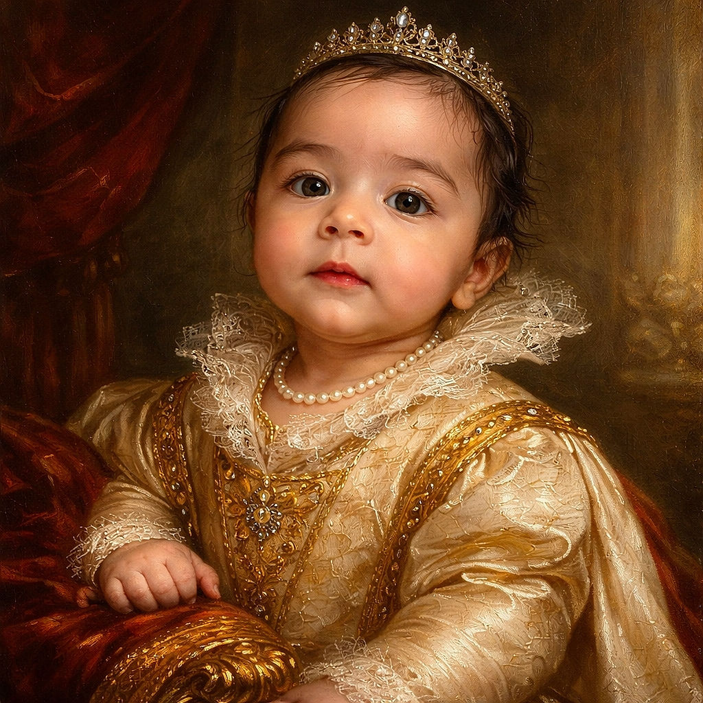 A wide-eyed baby gazes straight at the camera with the solemn intensity of someone who just discovered toes; bundled in a colorful Mickey-and-friends bib, tucked against a leafy-patterned pillow and a fluffy blanket, with warm wooden floor peeking in the background — pure adorableness and soft textures everywhere.