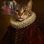 A curious tabby cat sits on a red leather chair indoors, with a glass window reflecting the outdoor garden and patio furniture, creating a layered effect of inside and outside worlds blending together.