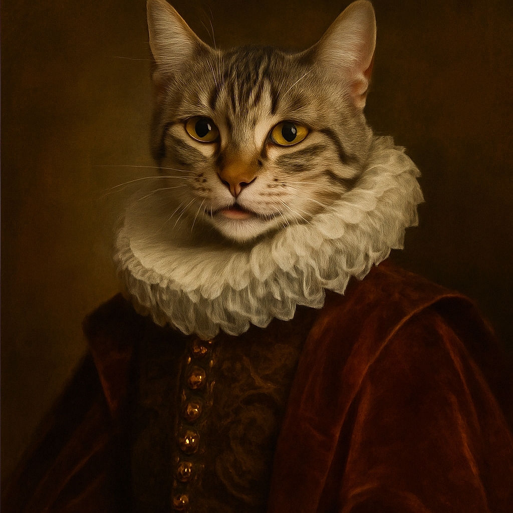 A curious tabby cat sits on a red leather chair indoors, with a glass window reflecting the outdoor garden and patio furniture, creating a layered effect of inside and outside worlds blending together.