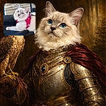 A fluffy white kitten with striking blue eyes lounges comfortably on a dark surface, wearing a vibrant red harness with a colorful striped leash. The background is softly blurred, highlighting the kitten's curious and innocent expression.