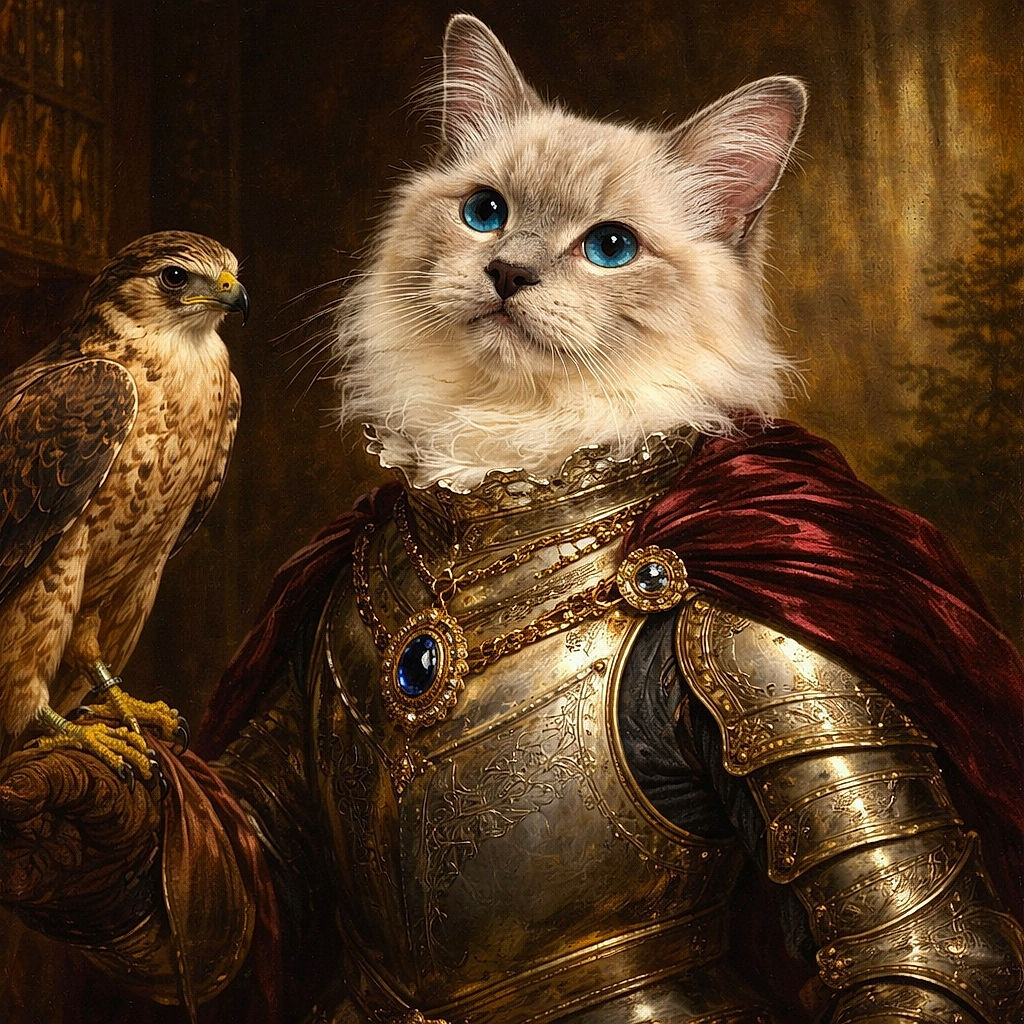 A fluffy white kitten with striking blue eyes lounges comfortably on a dark surface, wearing a vibrant red harness with a colorful striped leash. The background is softly blurred, highlighting the kitten's curious and innocent expression.