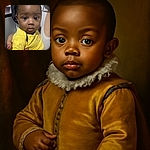 A curious baby in a bright yellow shirt looks directly at the camera with wide eyes, held gently by an adult wearing a white tank top. The close-up shot captures the baby's smooth skin and shiny lips, with a soft indoor background.