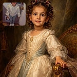 A wide-eyed little kid stands in front of the door looking caught mid-antic — cardigan buttoned, hair bows doing their best antenna impression, and sneakers perfectly pristine as if ready for mischief.