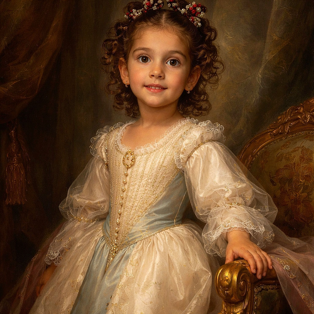 A wide-eyed little kid stands in front of the door looking caught mid-antic — cardigan buttoned, hair bows doing their best antenna impression, and sneakers perfectly pristine as if ready for mischief.