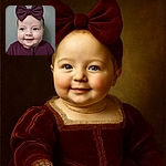 A smiling baby wearing a large purple bow headband and matching outfit looks off to the side with sparkling eyes and chubby cheeks, set against a soft gray background.