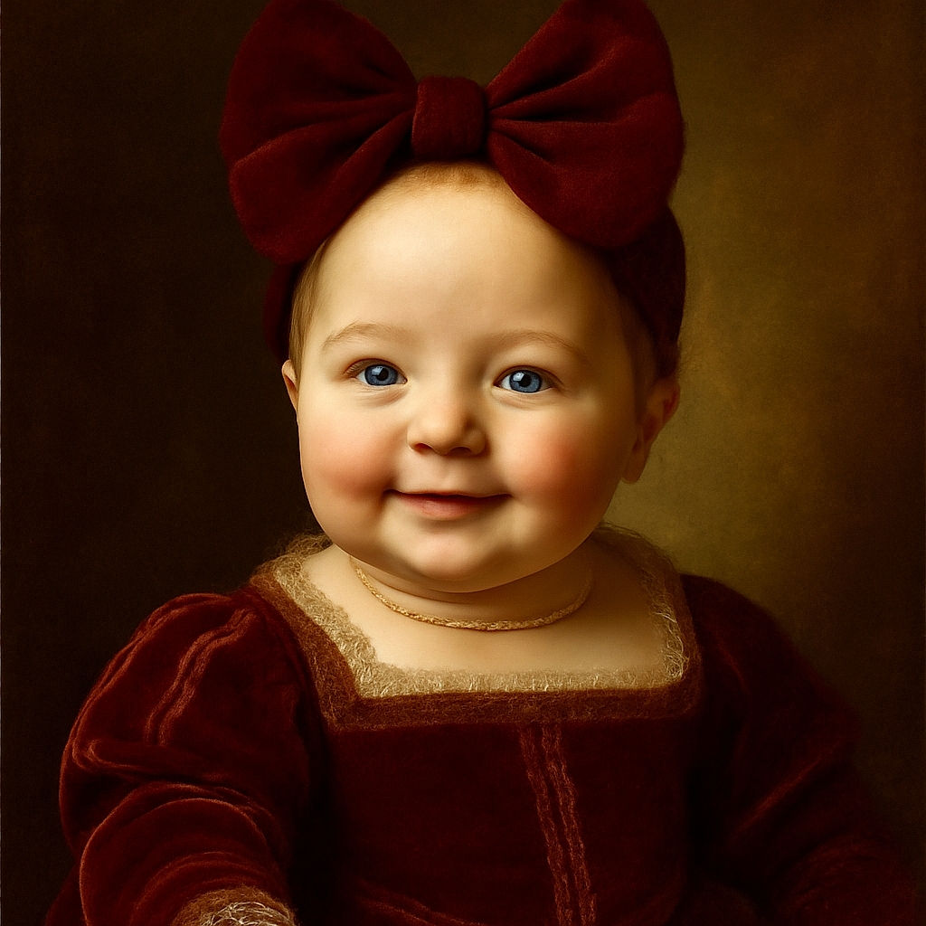A smiling baby wearing a large purple bow headband and matching outfit looks off to the side with sparkling eyes and chubby cheeks, set against a soft gray background.