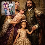 A cheerful family portrait with a mother holding a baby dressed in pink, a father standing beside them in a graphic shirt and plaid shorts, and a smiling little girl in a floral dress striking a playful pose in front. The background is softly blurred with bokeh lights, and the wooden floor adds warmth to the scene.