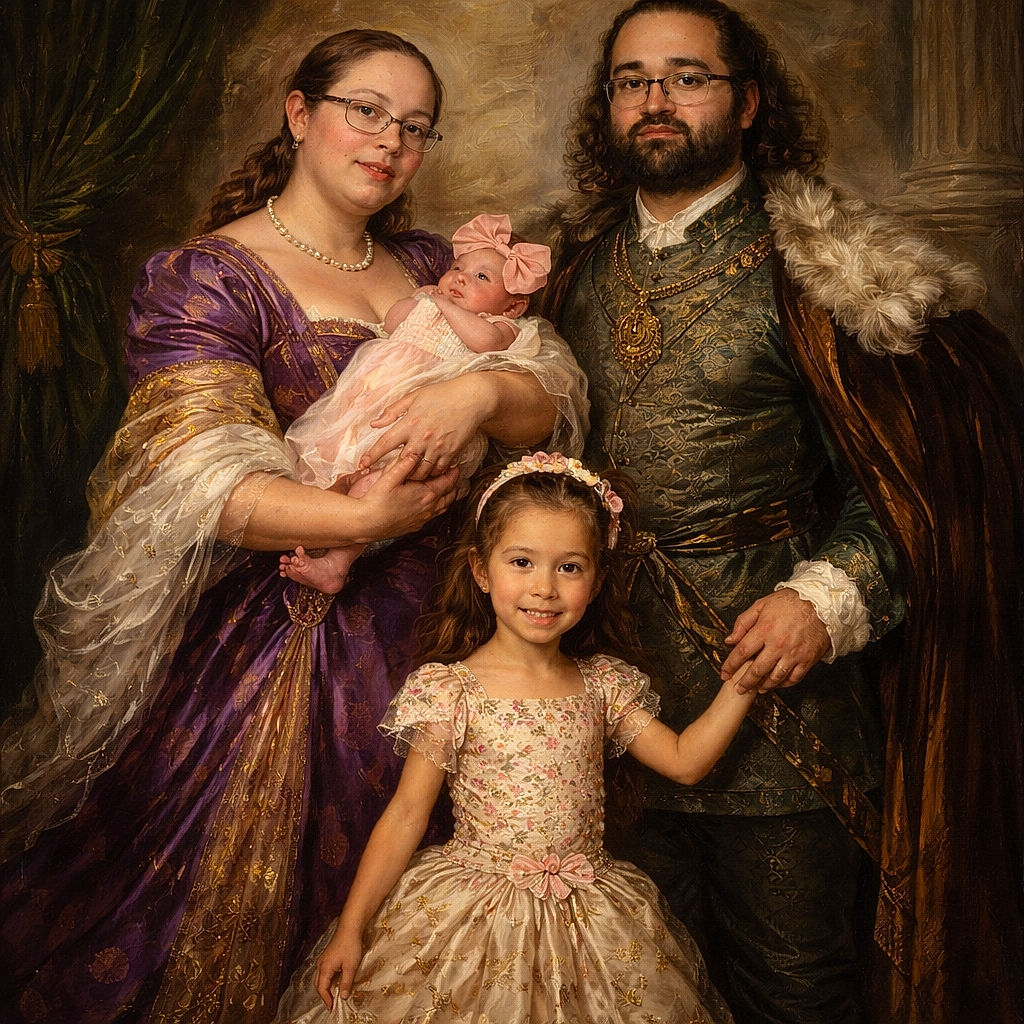 A cheerful family portrait with a mother holding a baby dressed in pink, a father standing beside them in a graphic shirt and plaid shorts, and a smiling little girl in a floral dress striking a playful pose in front. The background is softly blurred with bokeh lights, and the wooden floor adds warmth to the scene.