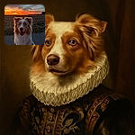 A happy dog with striking blue eyes poses in the foreground as the sun sets behind, painting the sky in fiery oranges and soft purples, making the pup look like the star of a dramatic nature documentary.