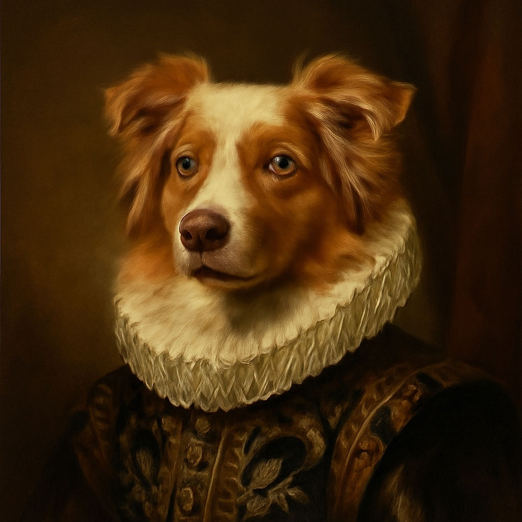 A happy dog with striking blue eyes poses in the foreground as the sun sets behind, painting the sky in fiery oranges and soft purples, making the pup look like the star of a dramatic nature documentary.