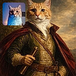 A dignified orange tabby giving the classic 'pet.Me.now' stare — dramatic blue-and-warm lighting turns its whiskers into runway spotlights while the fluffy chest steals the scene.