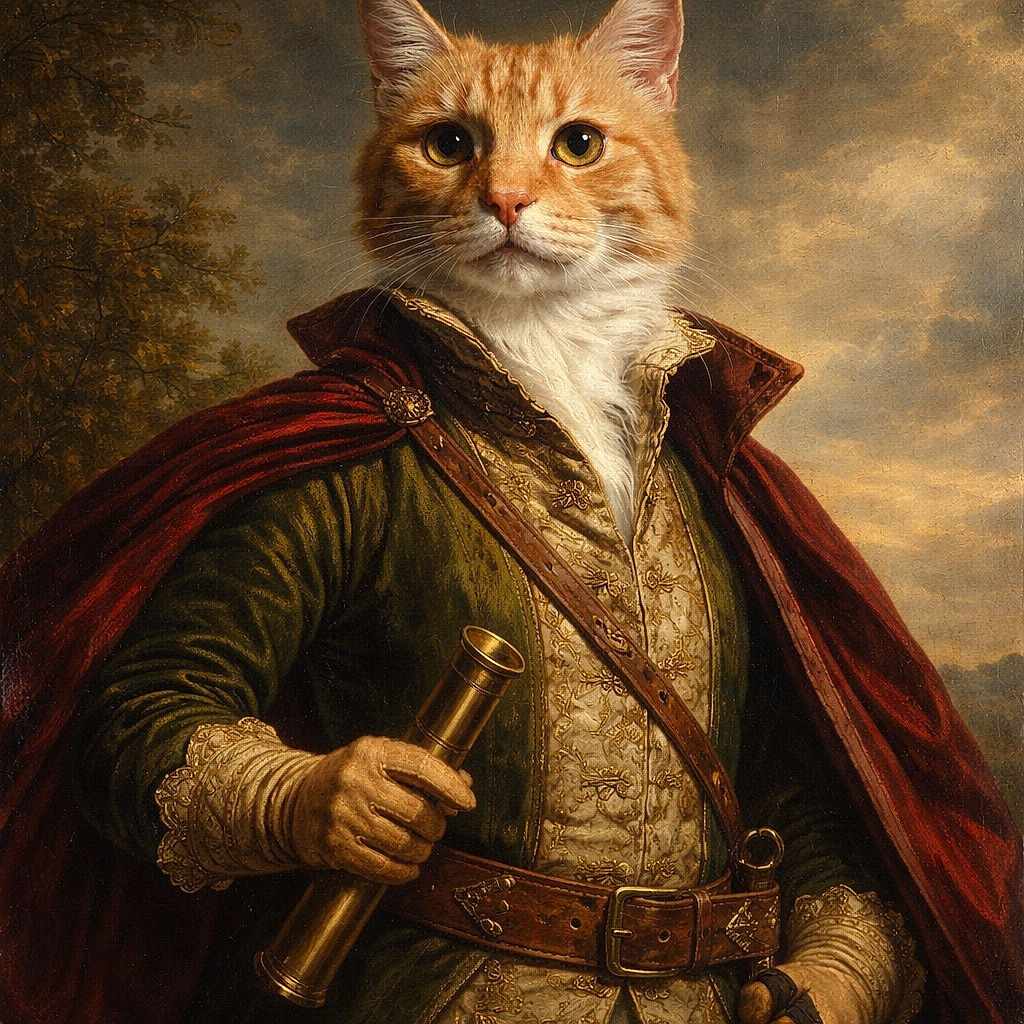 A dignified orange tabby giving the classic 'pet.Me.now' stare — dramatic blue-and-warm lighting turns its whiskers into runway spotlights while the fluffy chest steals the scene.