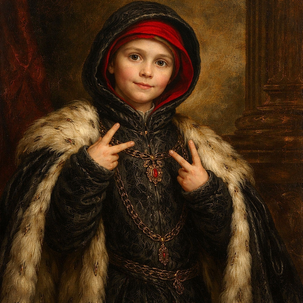 A bundled-up kid flashes playful peace signs beside a toppled purple toy scooter on the curb — winter beanie, oversized hoodie, and a mischievous grin set against a leaf-strewn woods backdrop. Looks like scooter drama met commuter curb and a tiny negotiator arrived to settle it.