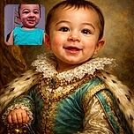 A joyful toddler in a bright turquoise shirt smiles widely at the camera, filling the frame with adorable charm, while a softly blurred background hints at a cozy indoor setting.