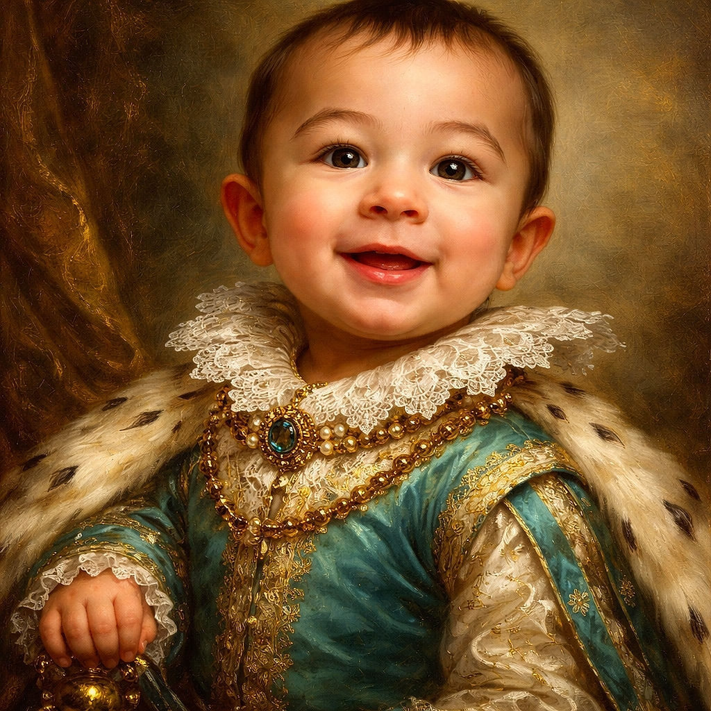 A joyful toddler in a bright turquoise shirt smiles widely at the camera, filling the frame with adorable charm, while a softly blurred background hints at a cozy indoor setting.