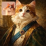 A fluffy orange-and-white cat lounges like royalty against a soft beige backdrop, big curious eyes and a pink nose stealing the show — it looks like a tiny lion who just remembered where it hid the treats.