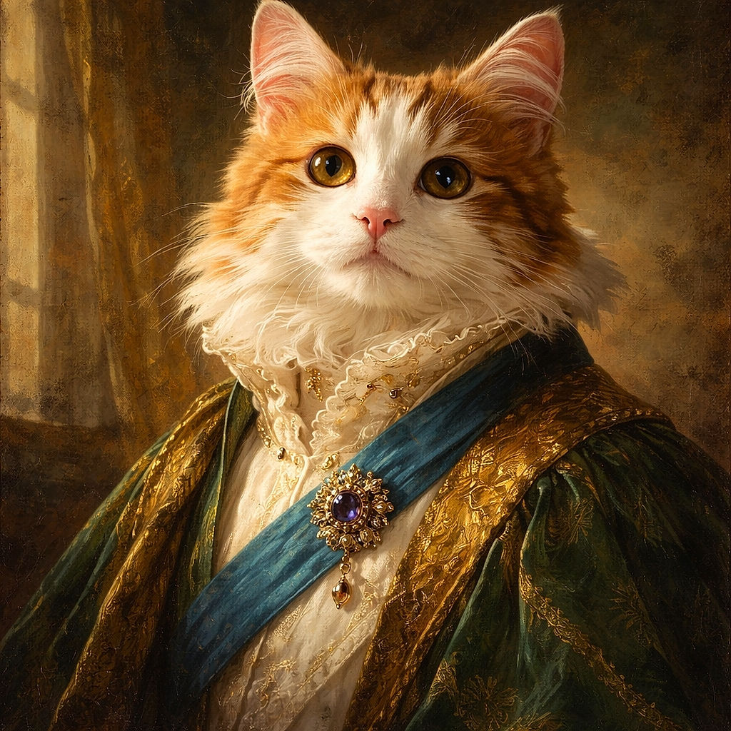 A fluffy orange-and-white cat lounges like royalty against a soft beige backdrop, big curious eyes and a pink nose stealing the show — it looks like a tiny lion who just remembered where it hid the treats.