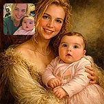 A cheerful woman with tousled blonde hair smiles warmly at the camera while holding an adorable baby with wide eyes and a surprised expression, both cozy indoors with a cluttered kitchen background.