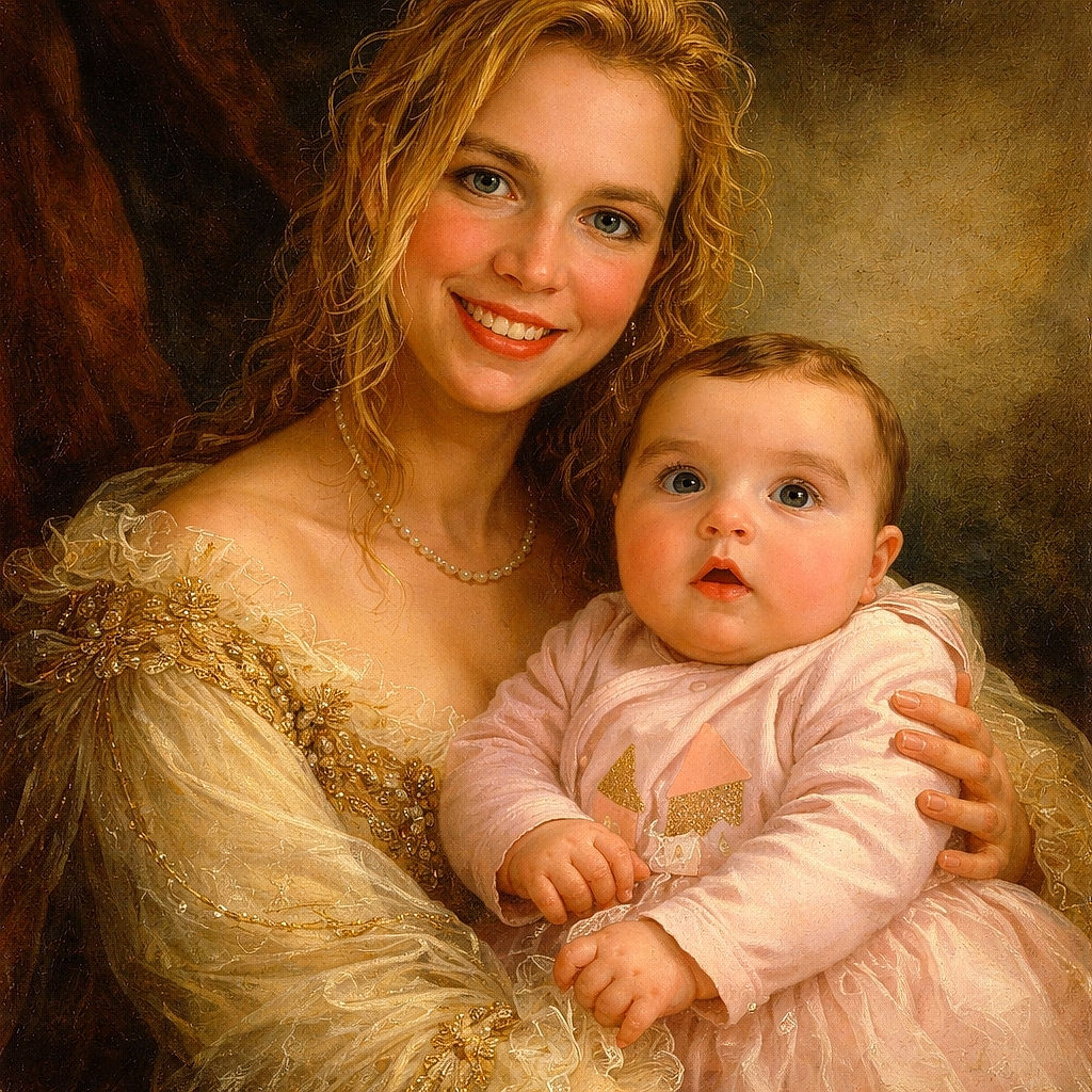 A cheerful woman with tousled blonde hair smiles warmly at the camera while holding an adorable baby with wide eyes and a surprised expression, both cozy indoors with a cluttered kitchen background.