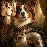 An adorable dog, possibly a Border Collie mix, sits attentively on a textured round rug in a cozy, warmly lit room. The dog's expressive eyes and fluffy fur are sharply in focus, with a softly blurred background featuring a potted plant and a candle-lit shelf, adding a serene, homey atmosphere.