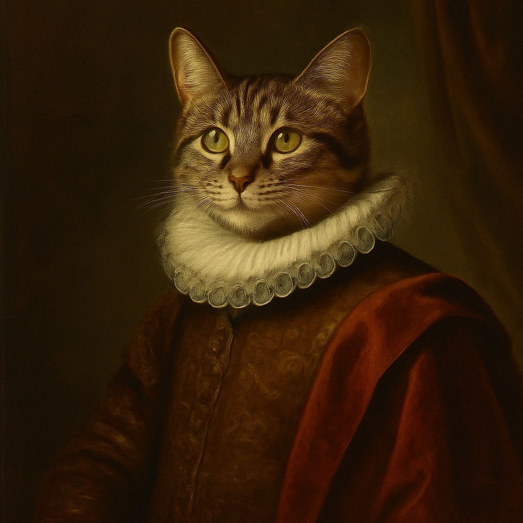 A curious tabby cat sitting on a soft, light blue blanket, looking off to the side with wide, attentive eyes. The background is cozy and textured, adding to the warm, homely vibe of the photo.