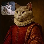 A fluffy gray cat lies on a textured surface with paws playfully crossed, eyes wide open and curious, looking like it's about to start a feline dance or cast a magic spell.