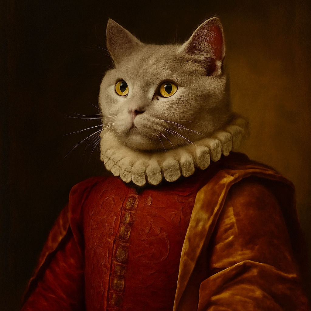 A fluffy gray cat lies on a textured surface with paws playfully crossed, eyes wide open and curious, looking like it's about to start a feline dance or cast a magic spell.