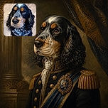A wonderfully earnest spaniel stares into the camera like it has just been asked to explain who knocked over the treat jar. Its glossy eyes, floppy curls, orange eyebrows, and neatly planted paws make it look ready for both a portrait session and a very serious snack negotiation.