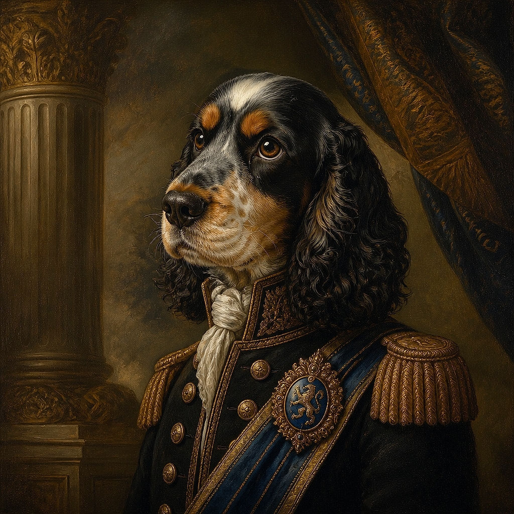 A wonderfully earnest spaniel stares into the camera like it has just been asked to explain who knocked over the treat jar. Its glossy eyes, floppy curls, orange eyebrows, and neatly planted paws make it look ready for both a portrait session and a very serious snack negotiation.