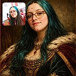 A young person with teal hair and glasses makes a playful face close to the camera in a lively room with other kids and colorful sound panels on the walls.