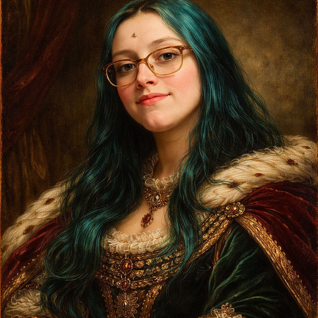 A young person with teal hair and glasses makes a playful face close to the camera in a lively room with other kids and colorful sound panels on the walls.