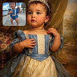 A curious toddler in a blue ruffled outfit stands confidently on a sandy path near a waterfront, surrounded by palm trees and a bright blue sky, looking off to the side with a thoughtful expression.