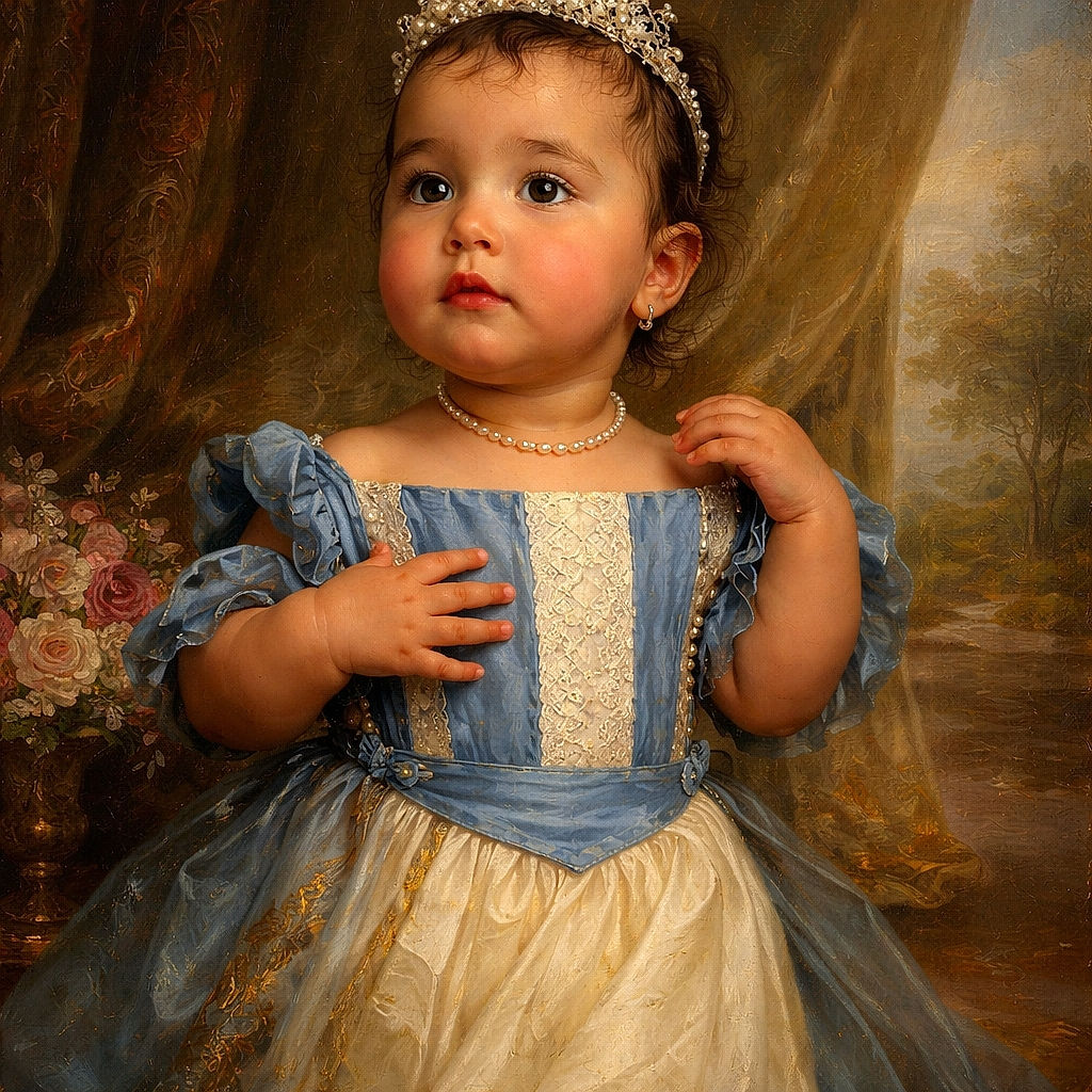 A curious toddler in a blue ruffled outfit stands confidently on a sandy path near a waterfront, surrounded by palm trees and a bright blue sky, looking off to the side with a thoughtful expression.