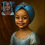 A cheerful young child with sparkling eyes and a bright smile wears a shiny blue towel turban and a light-colored shirt with a butterfly design, standing indoors with a cozy kitchen background.