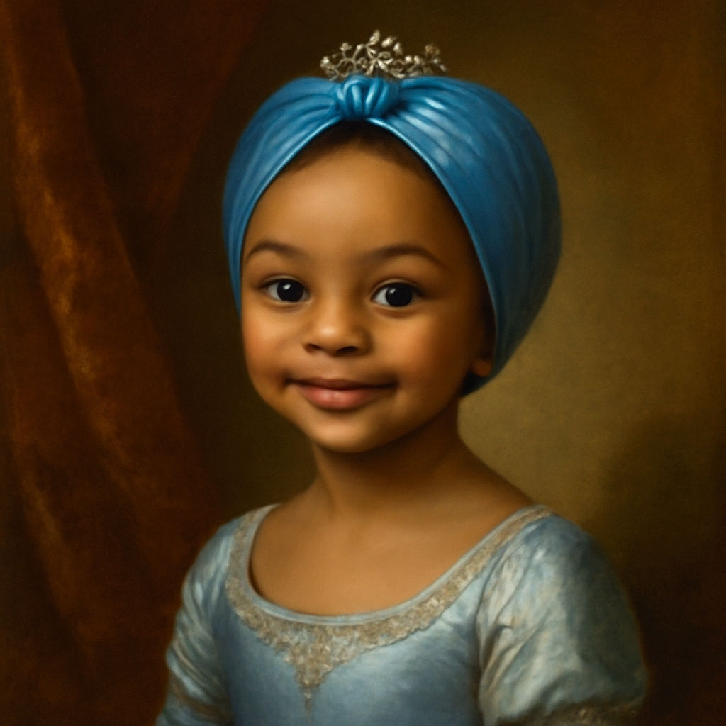 A cheerful young child with sparkling eyes and a bright smile wears a shiny blue towel turban and a light-colored shirt with a butterfly design, standing indoors with a cozy kitchen background.