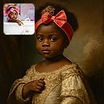 A charming baby with a bright pink bow headband peeks out from a white tub, with a bit of milk or cream on their lips and arm, set against a colorful, softly blurred background featuring balloons and playful shapes. The scene radiates innocence and whimsy.