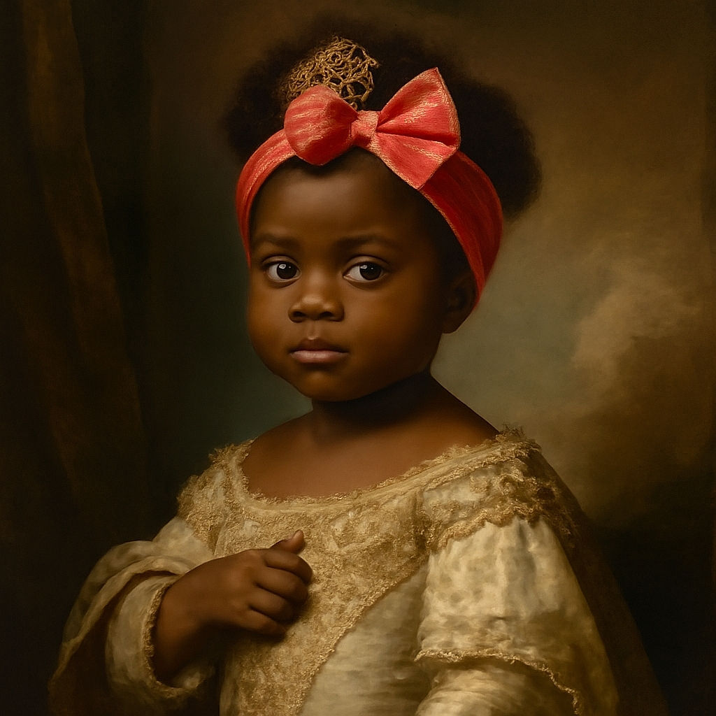 A charming baby with a bright pink bow headband peeks out from a white tub, with a bit of milk or cream on their lips and arm, set against a colorful, softly blurred background featuring balloons and playful shapes. The scene radiates innocence and whimsy.