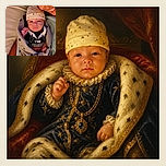A wide-eyed newborn bundled like a tiny star-powered burrito gazes at the camera while an enormous proud grin peeks in from above. The blanket, hat, and outfit are all working overtime to make this baby look ready for a very cozy rock concert.