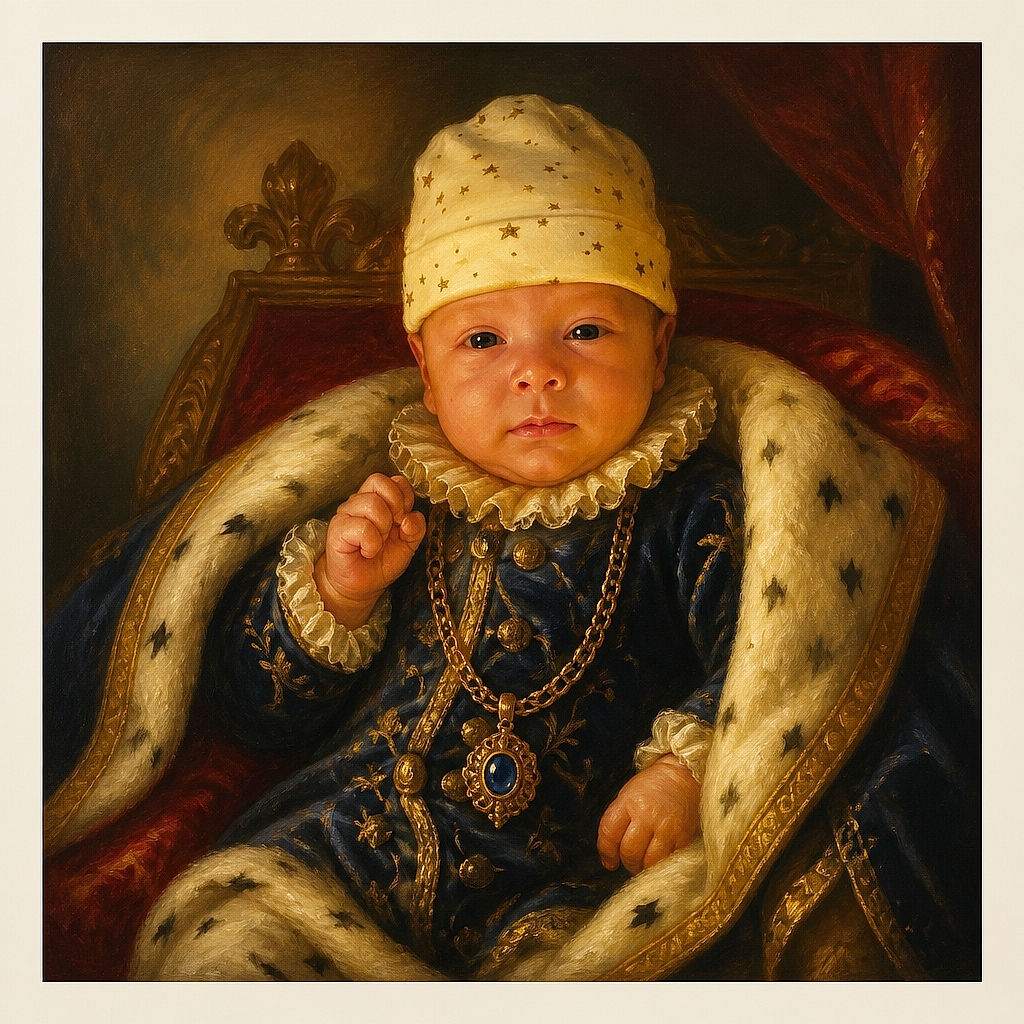 A wide-eyed newborn bundled like a tiny star-powered burrito gazes at the camera while an enormous proud grin peeks in from above. The blanket, hat, and outfit are all working overtime to make this baby look ready for a very cozy rock concert.