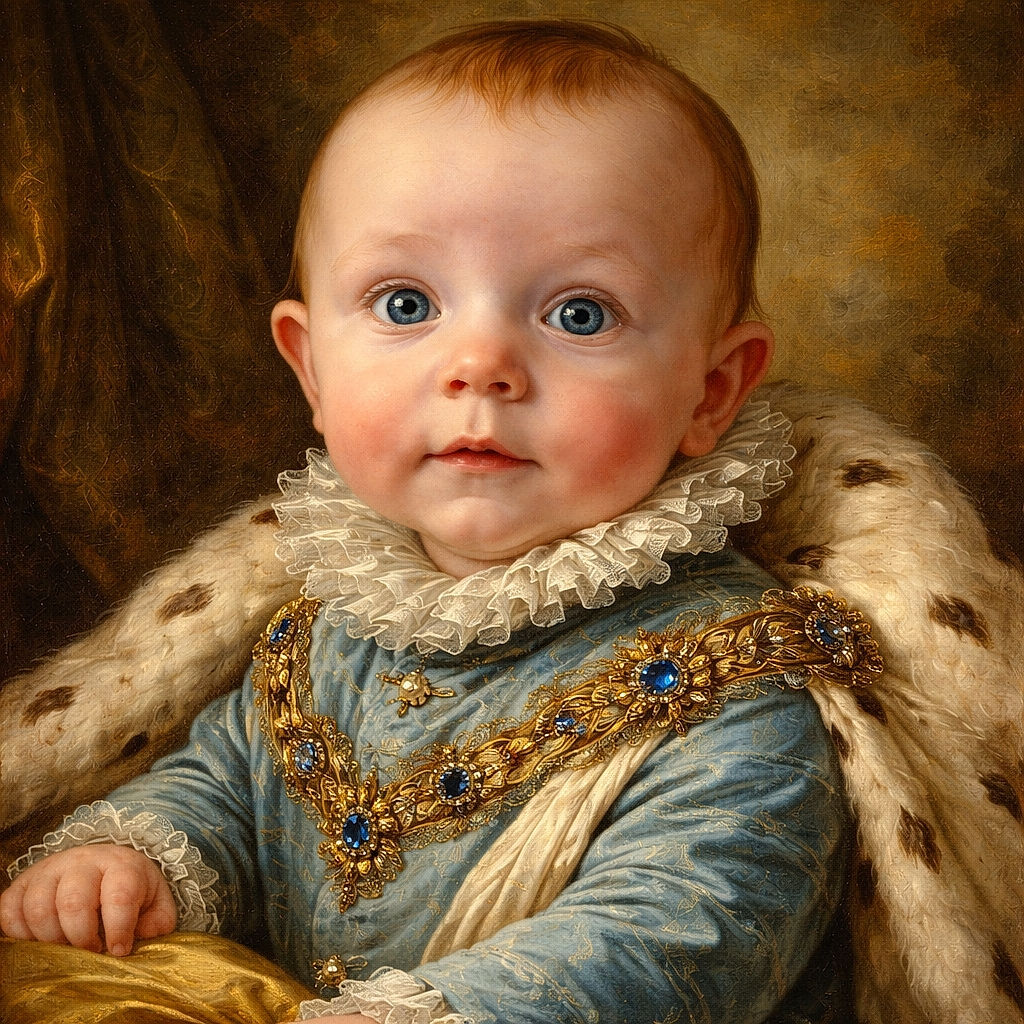 A close-up of a wide-eyed baby in a bright blue shirt, looking curiously at the camera with a slightly puzzled expression, held gently by a hand with a ring, surrounded by a cozy indoor setting with colorful toys and furniture blurred in the background.