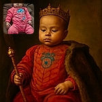 A chubby-cheeked baby dressed in a vibrant pink Spiderman-themed outfit lounges on a cushy brown couch, looking curiously downward with a calm expression, as if pondering the mysteries of the universe or the next nap time.