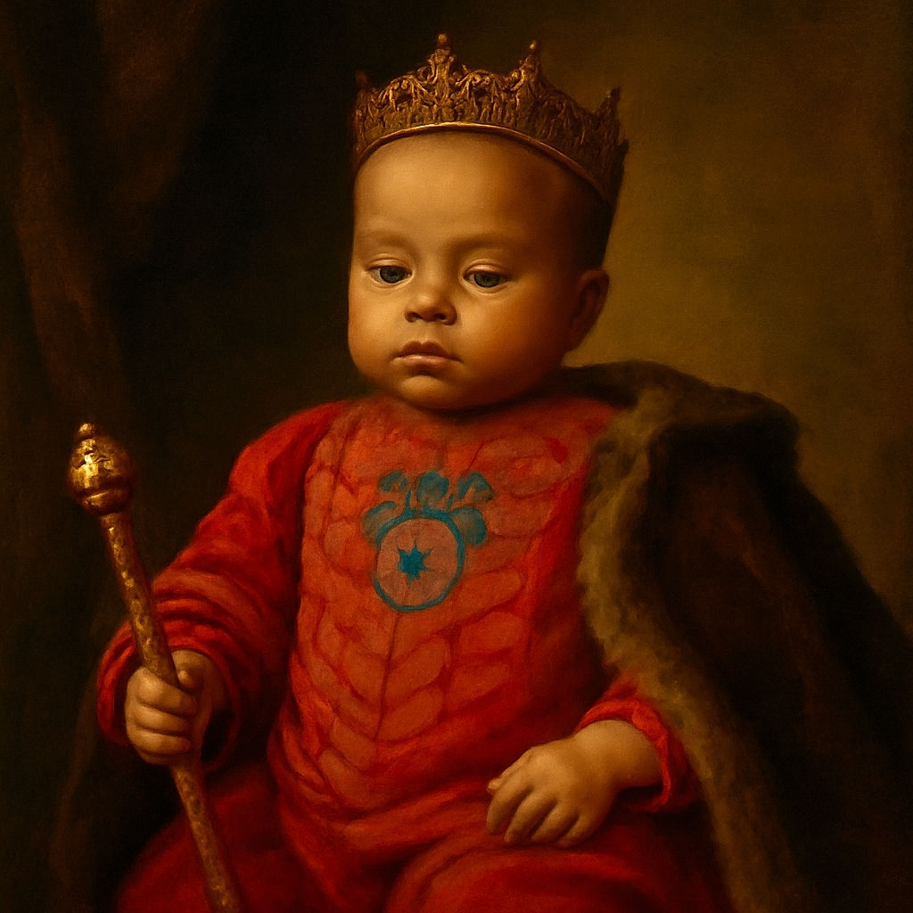 A chubby-cheeked baby dressed in a vibrant pink Spiderman-themed outfit lounges on a cushy brown couch, looking curiously downward with a calm expression, as if pondering the mysteries of the universe or the next nap time.