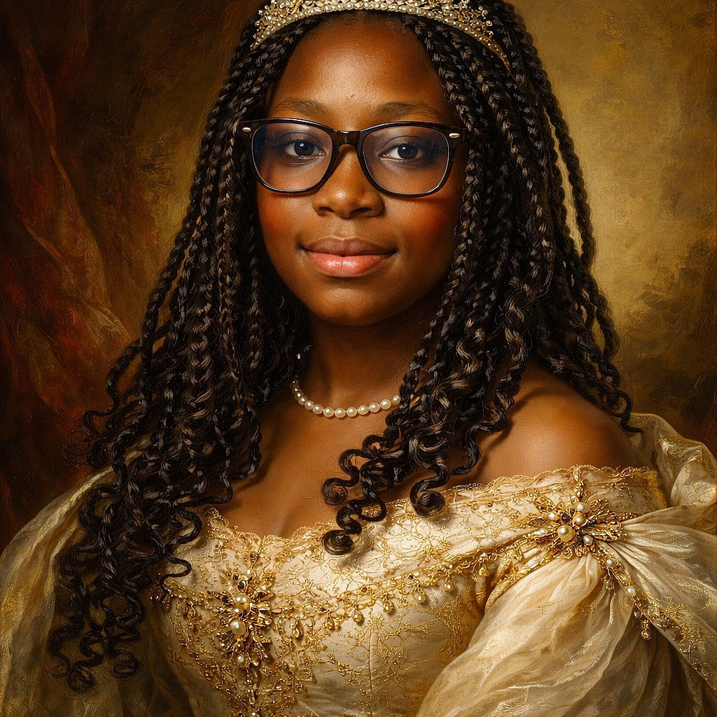 A hoodie-wearing youngster flashes a warm grin for a close-up selfie — oversized glasses, neat braids tumbling like friendly ropes, and a dainty pearl necklace adding unexpected elegance. The framing is tight, the lighting is soft, and the whole vibe is equal parts cozy and confident, like a tiny detective who also doubles as a fashion icon.