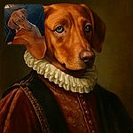 A cozy indoor scene featuring a reddish-brown dog curled up on a dark textured blanket, looking back with soulful eyes. The background shows a warmly lit room with a wooden table, chairs, and home decor, creating a snug and inviting atmosphere.