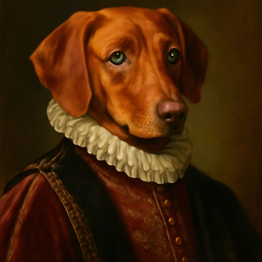 A cozy indoor scene featuring a reddish-brown dog curled up on a dark textured blanket, looking back with soulful eyes. The background shows a warmly lit room with a wooden table, chairs, and home decor, creating a snug and inviting atmosphere.