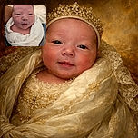 A close-up photo of a newborn baby wrapped snugly in a soft white blanket with pastel prints, wearing a striped beanie, looking curiously at the camera with slightly squinted eyes and a calm expression, held gently by an adult.