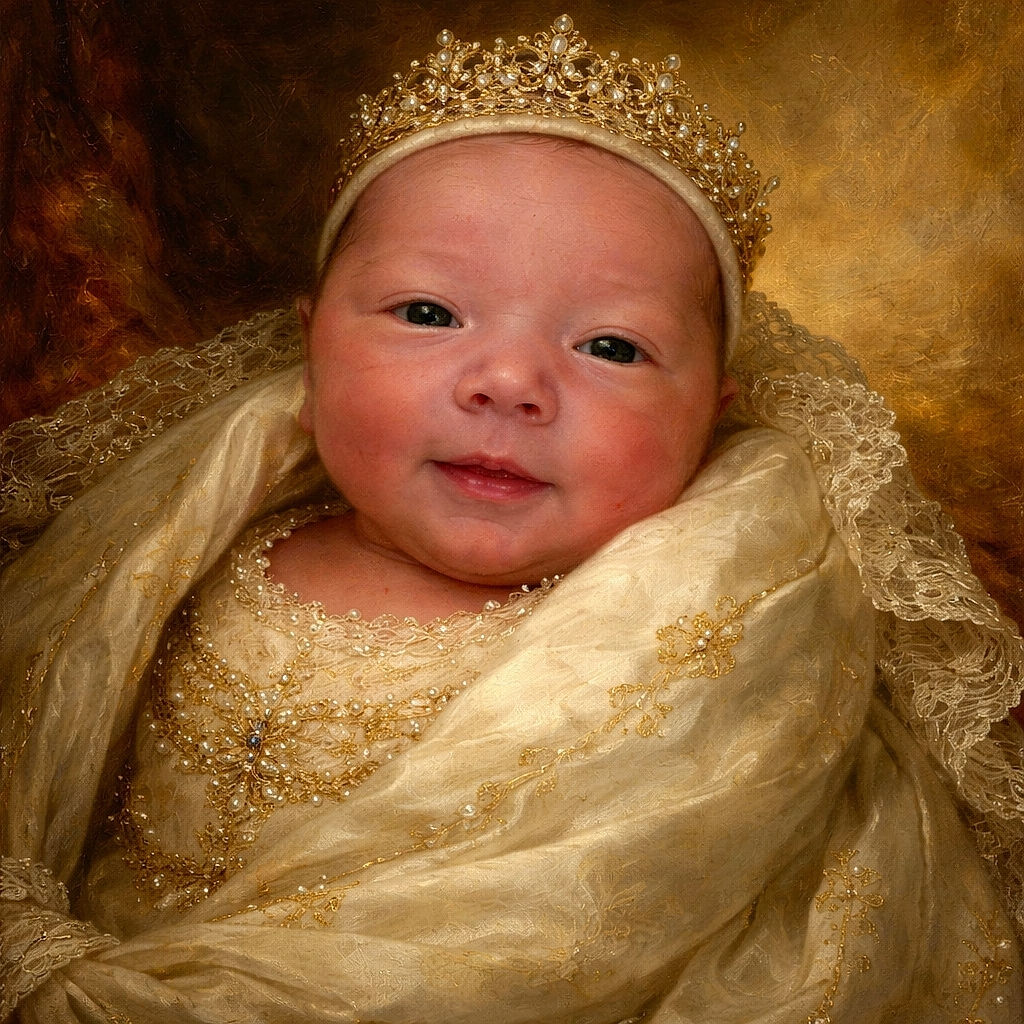 A close-up photo of a newborn baby wrapped snugly in a soft white blanket with pastel prints, wearing a striped beanie, looking curiously at the camera with slightly squinted eyes and a calm expression, held gently by an adult.