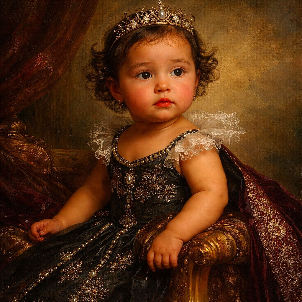 A curious toddler with a tiny earring sits in a green shopping cart seat, looking off to the side with a thoughtful expression, surrounded by colorful store shelves and products in the background.