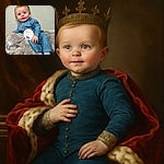 A charming six-month-old baby with bright blue eyes and a curious smile is dressed in a cozy blue striped outfit, sitting comfortably on a plush elephant toy. The background is soft and neutral, highlighting the baby's adorable expression and the milestone card reading 'Six months'.